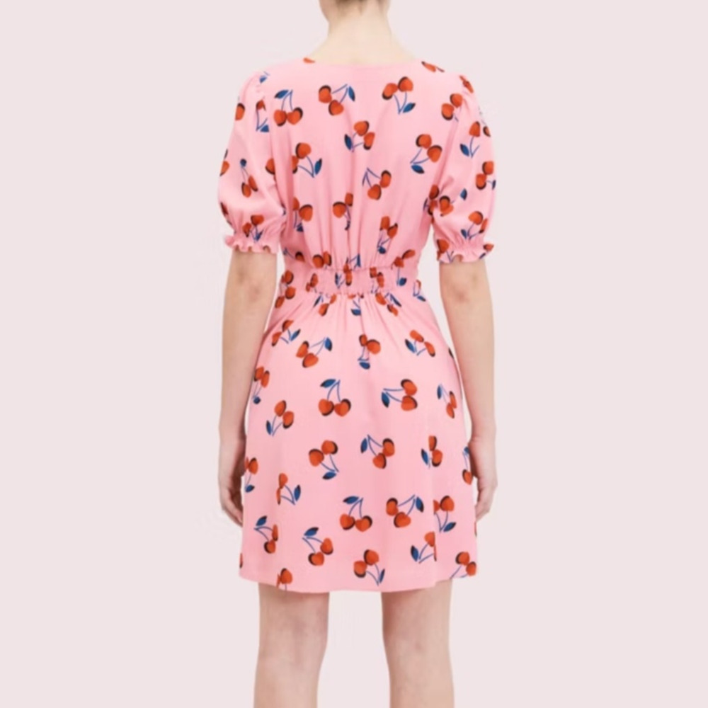 Kate Spade Cherry Toss Puff Sleeve Mini Dress Pink Red V Neck Buttons Small 6 - Picture 2 of 11
